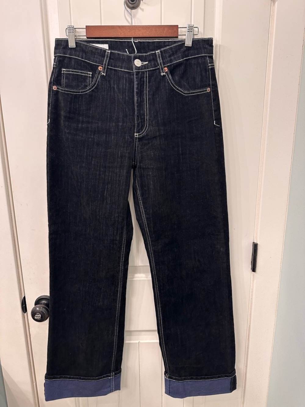 Zara Black Soft Cotton Lyocell Cuffed Jeans White Stitching Velvety Feel 6